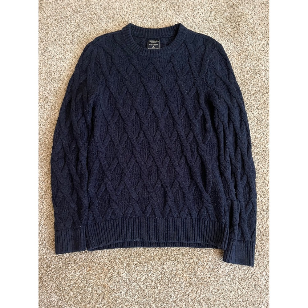 Abercrombie & Fitch Mens Sweater Medium Navy Blue Cable Knit Merino Wool Blend